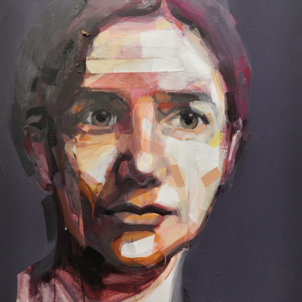 Porträt einer nachdenklichen Frau in Acryl; Frontalansicht mit kontrastreichem Licht- und Schattenspiel im Gesicht.