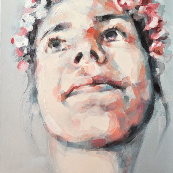 Porträt einer lächelnden Frau mit einem Blumenkranz auf dem Kopf. Acrylbild von Alzbeta Müller
