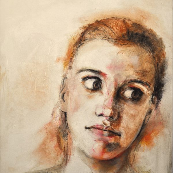 Frontalporträt einer jungen zur Seite schauenden Frau, gestaltet mit erdigen, beige-rötlichen Naturpigmenten auf Leinwand