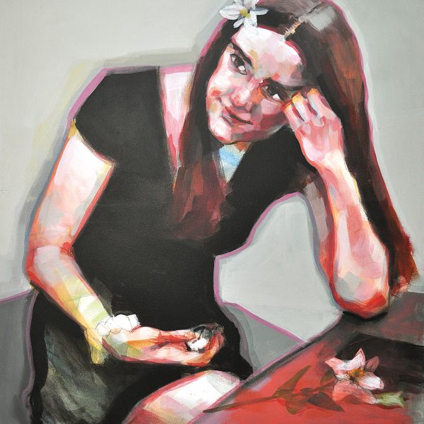 Acrylbild einer sitzenden jungen Frau, die den Kopf mit der Hand stützt und eine runde Zwiebeluhr in der anderen Hand hält.