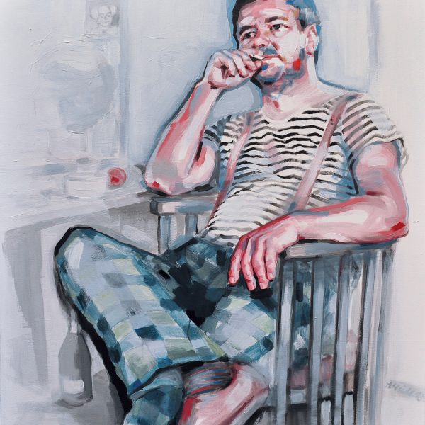Ein Acrylbild eines rauchenden, sitzenden Mannes in Clown-Kostüm