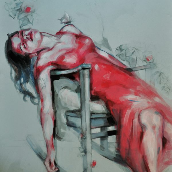 Ein Acrylbild einer halbliegenden jungen Frau in rotem Kleid