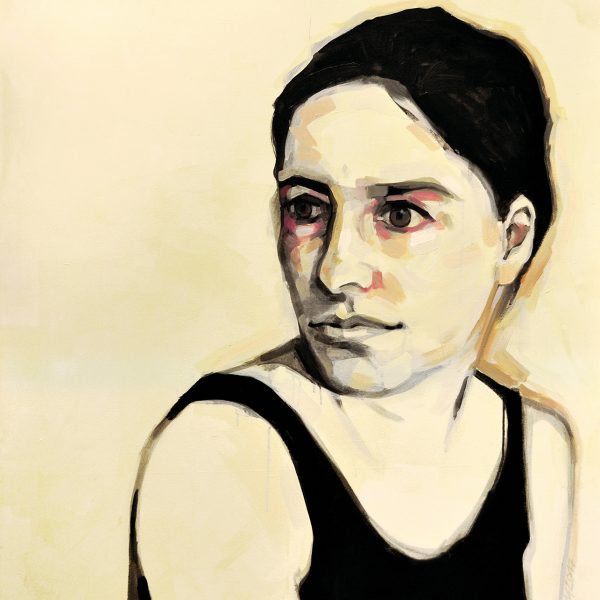Acrylgemälde mit einer sich nach hinten umschauenden Frau. Zu sehen ist Kopf und ein Teil des Oberkörpers, Farbigkeit ist sehr reduziert, Haare und T-Shirt sind schwarz