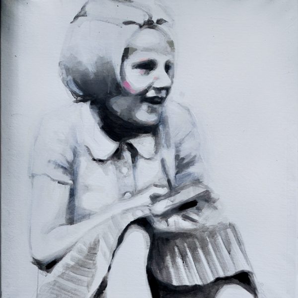 Acrylbild mit einem sitzenden Mädchen. Das Bild ist fast komplett in schwarz-weiß