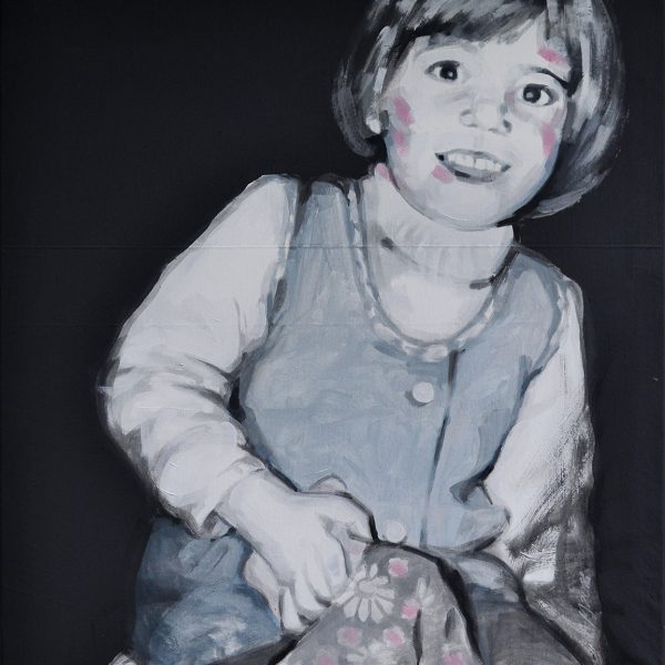 Acrylbild von einem lachenden Mädchen mit einer Puppe. Farben hauptsächlich schwarz-weiß.