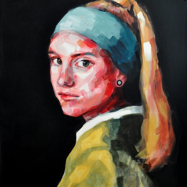 Acrylporträt einer jungen Frau mit langen Haaren und einem Tunnelohrring. Das Bild ist eine Hommage an Vermeer.