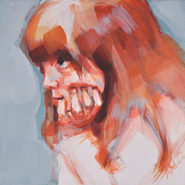 Acrylporträt eines rothaarigen Mädchens, das sein Gesicht mit der Hand stützt.