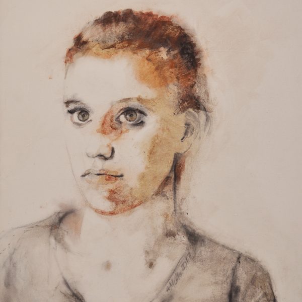 Frontalporträt einer jungen Frau, gestaltet mit erdigen, beige-rötlichen Naturpigmenten auf Leinwand