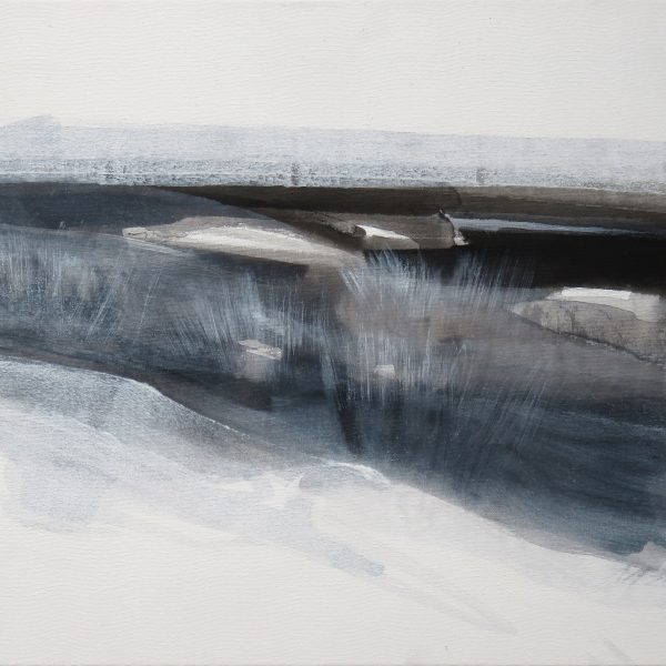 Minimalistische Acrylmalerei der Nordseeküste mit reduzierte Formen von Dünen und Meer in graustufen