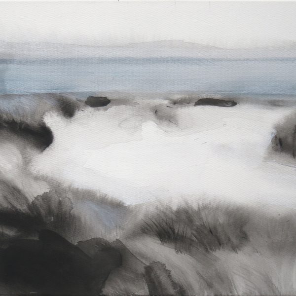 Minimalistische Acrylmalerei der Nordseeküste mit reduzierte Formen von Dünen und Meer in graustufen