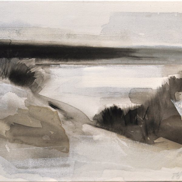 Minimalistische Acrylmalerei der Nordseeküste mit reduzierte Formen von Dünen und Meer in graustufen