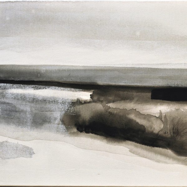 Minimalistische Acrylmalerei der Nordseeküste mit reduzierte Formen von Dünen und Meer in graustufen