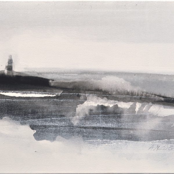 Minimalistische Acrylmalerei der Nordseeküste mit reduzierte Formen von Dünen, Leuchtturm und Meer in graustufen