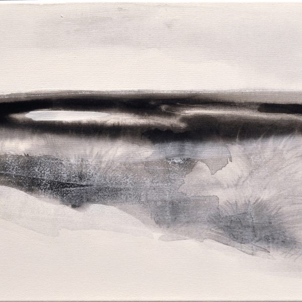 Minimalistische Acrylmalerei der Nordseeküste mit reduzierte Formen von Dünen und Meer in graustufen