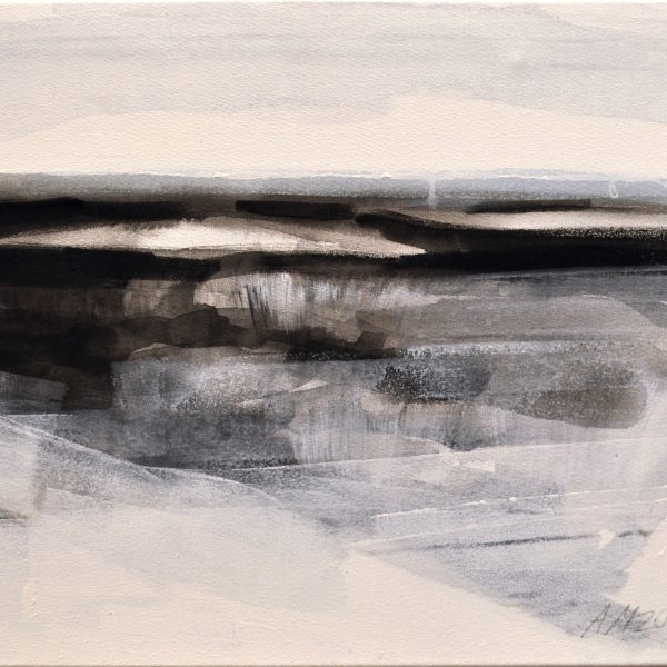 Minimalistische Acrylmalerei der Nordseeküste mit reduzierte Formen von Dünen und Meer in graustufen