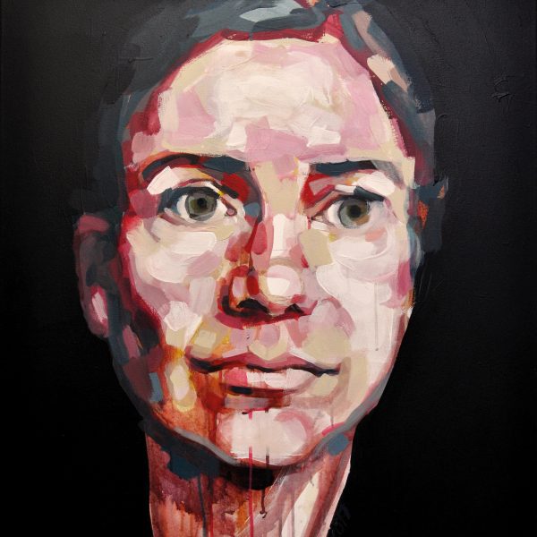 Porträt einer nachdenklichen Frau in Acryl; Frontalansicht mit kontrastreichem Licht- und Schattenspiel im Gesicht und vielen Rottönen
