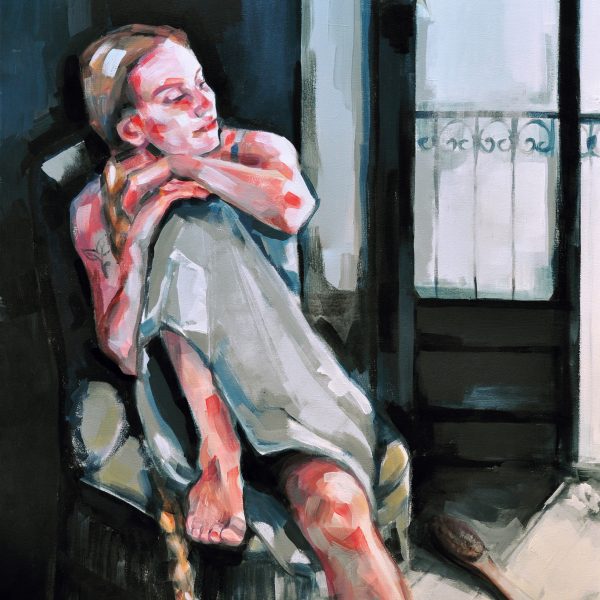 Ein Acrylbild mit einer sitzenden jungen Frau, die verträumt in die weite schaut