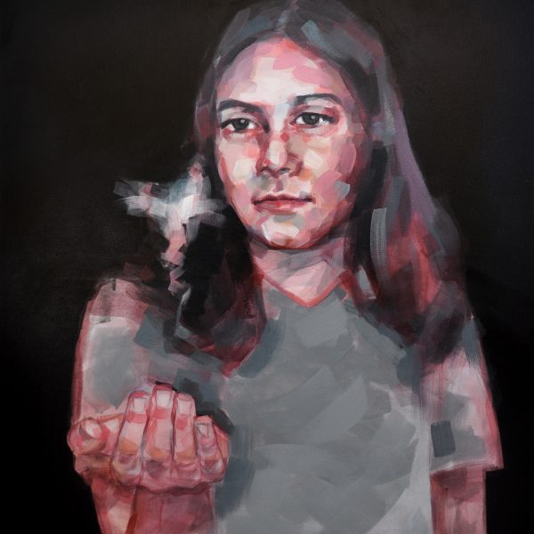 Acrylbild einer jungen Frau, beleuchtet von einem über ihrer Hand schwebenden Licht.