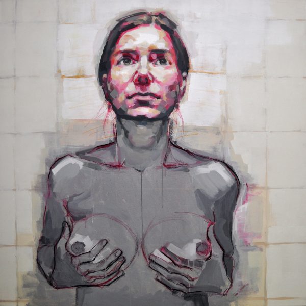 Ausdrucksstarkes Acryl-Kreide-Porträt einer nackten Frau von vorn, Hände vor der Brust, reduzierte Farbpalette.
