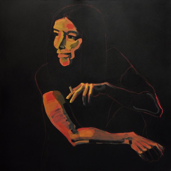 Acryl-Kreide-Gemälde einer rauchenden Frau in roten Tönen vor schwarzem Hintergrund.