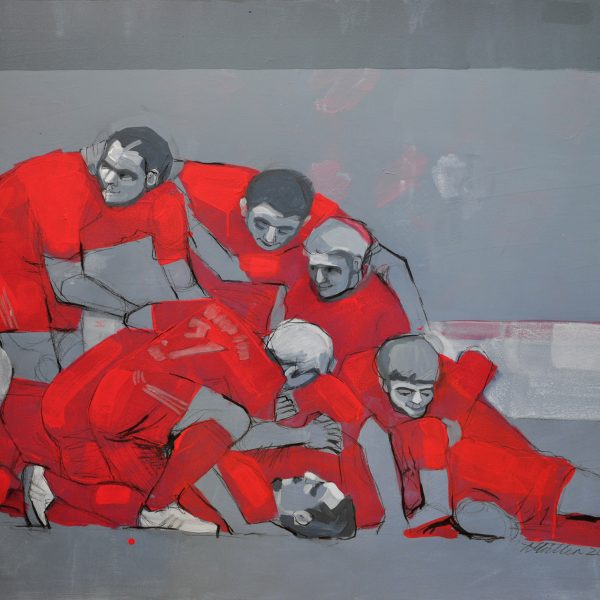 Acrylgemälde mit mehreren Männern in roten Trikots, die am Boden eng beieinander gruppiert sind.