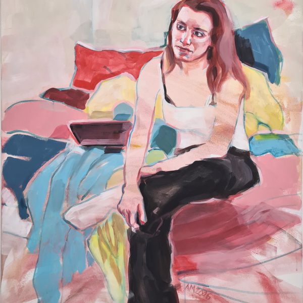 Acrylbild eines Teenager-Mädchens, das an seinem unordentlichen Bett in eigenem Zimmer sitzt