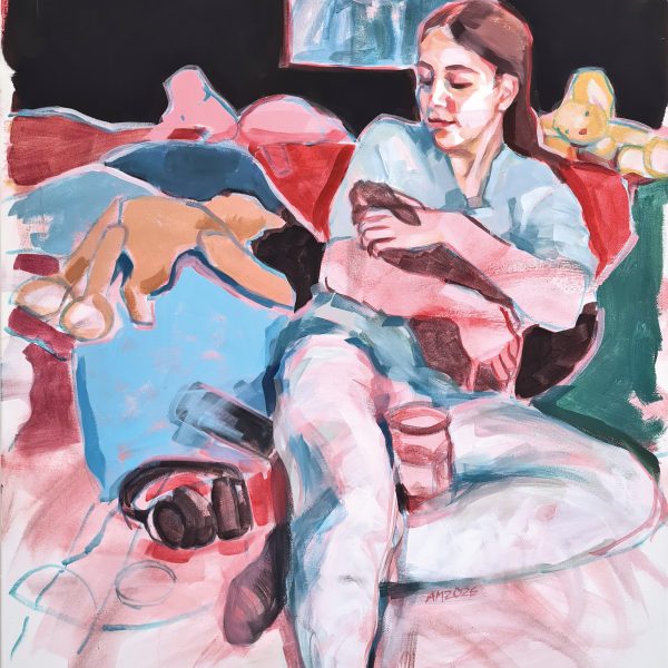 Acrylbild eines Teenager-Mädchens, das mit einem Kaninchen in der Hand in seinem unordentlichem Bett sitzt.